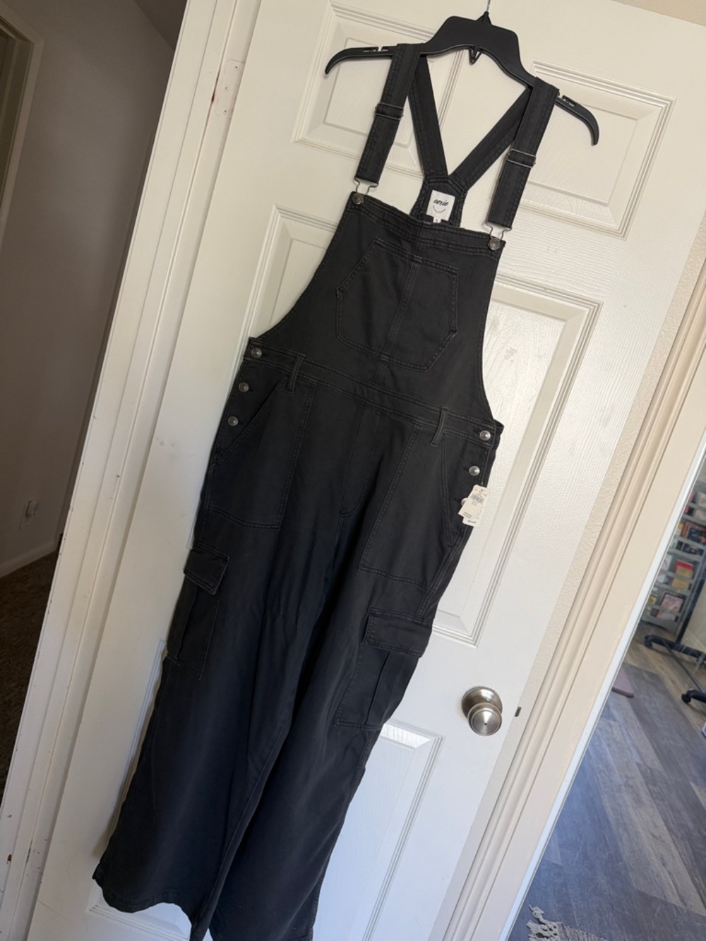 American Eagle Aerie Black Baggy Cargo Wide-Leg Overalls NWT